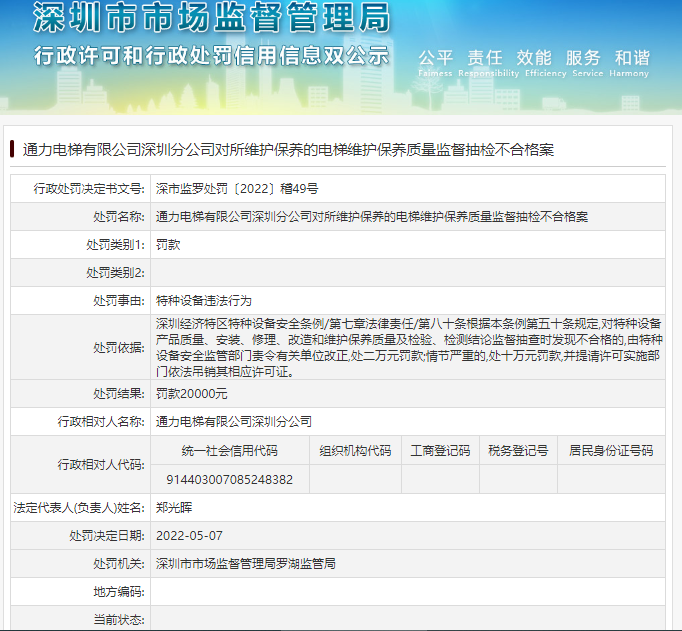 罰款2萬元！通力電梯有限公司深圳分公司被處罰